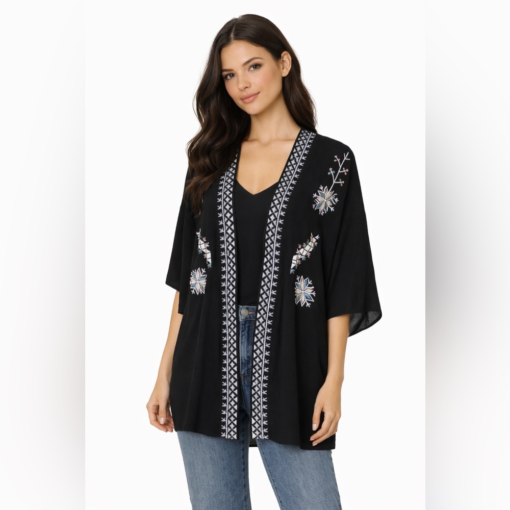 Forever 21 Embroidered Boho Kimono Black Open Front